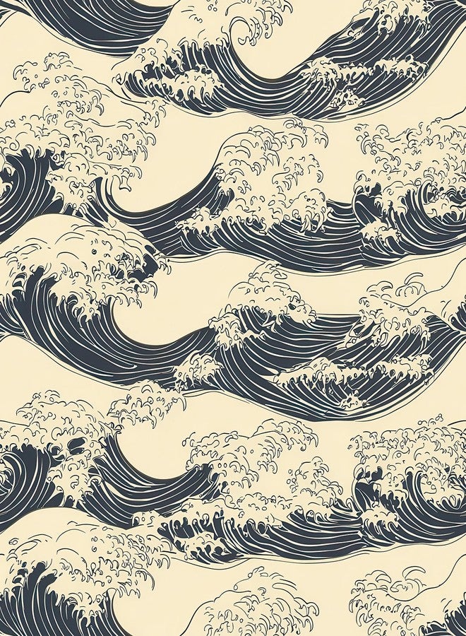 Stickyart ورق جدران ستيكي آرت العتيق بنمط الأمواج، ورق جدران ياباني بنمط أوكيو-إي، ورق جدران محايد ذاتي اللصق باللون البيج والأسود، ورق جدران ساحلي بنمط هوكوساي، ورق جدران للخزائن والجدران المميزة، مقاس 17.5 × 80 بوصة. - Image 2